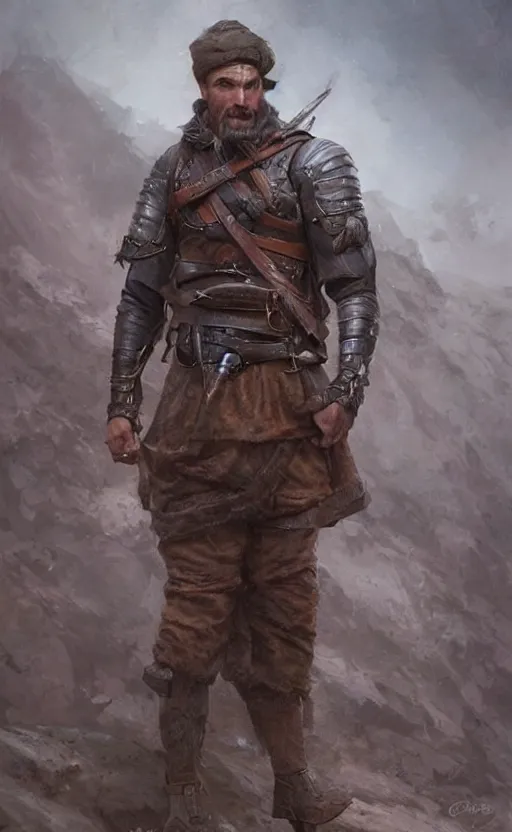 Image similar to Portrait of a rugged ranger, male, muscular, straight nose!!!, detailed face, thighs!!!, simple clothing!!!!!, boots!!!! fantasy, medieval, highly detailed, cinematic lighting, digital art painting by greg rutkowski