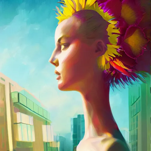 Image similar to closeup, giant flower head, woman next to modern windows, luxury apartment, surreal photography, dramatic light, impressionist painting, digital painting, artstation, james gilleard