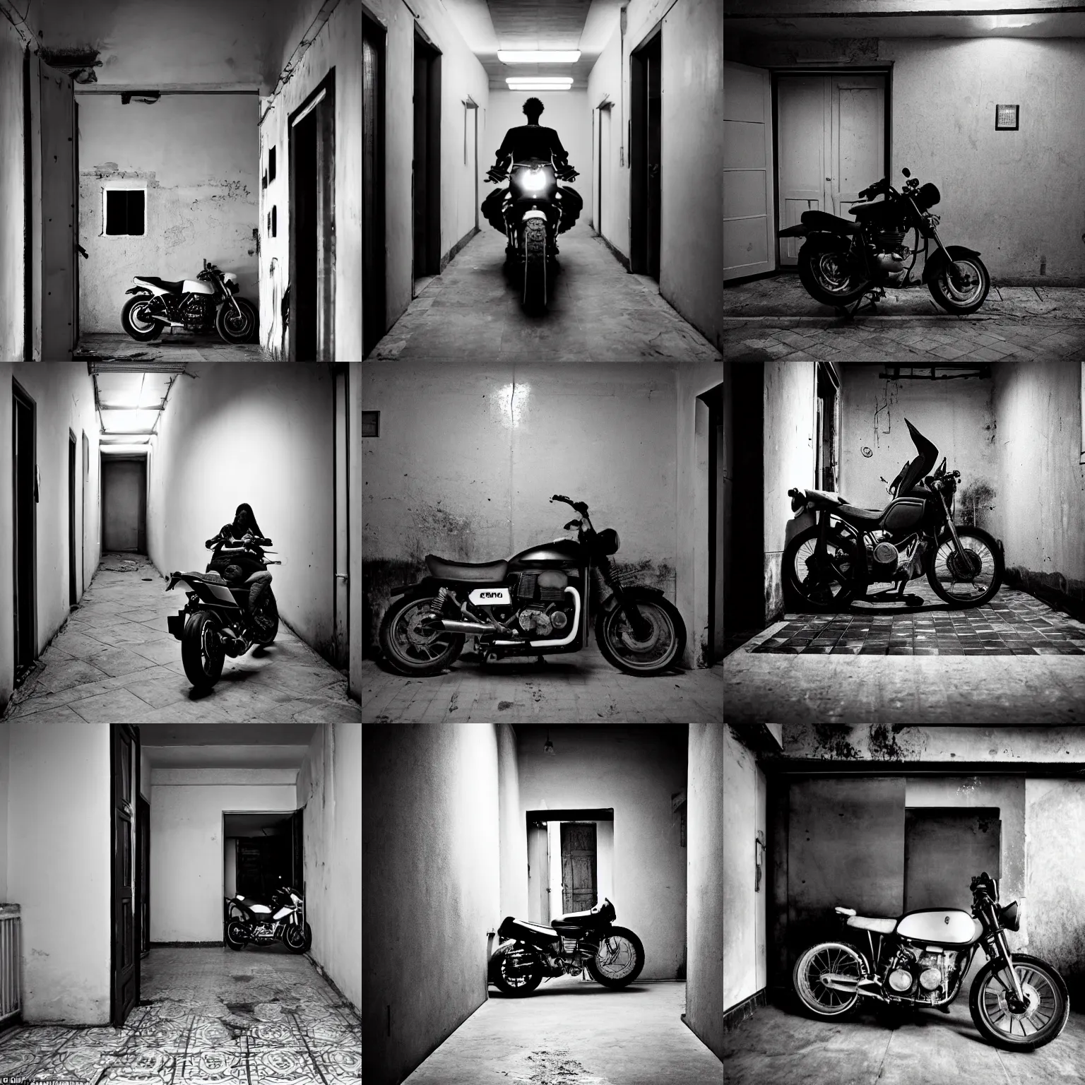 Prompt: a huge motorbike standing in the corridor to a tiny kitchen, in the dark, white tile on the floor, by paolo pellegrin, prize winning photo, cinematic