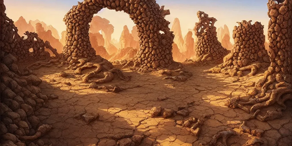 Prompt: a fantasy desert landscape, ruins, bones, rocks, arid ecosystem, digital illustration by michael whelan and leyendecker and artgerm, intricate details, surreal, photorealistic, award winning