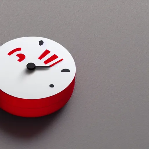 Image similar to Very tiny red alarm clock that looks like the iOS emoji and has the same colors, 3D clay render, 4k UHD, white background, isometric top down left view, diffuse lighting, zoomed out very far