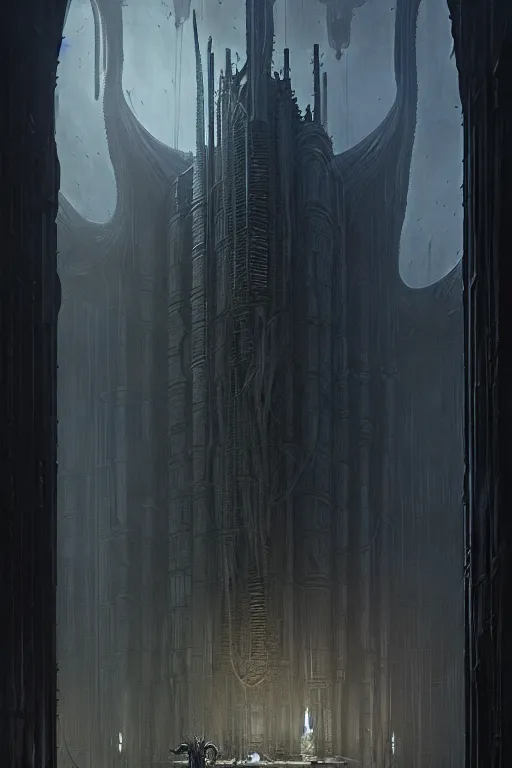 Image similar to demon lair by greg rutkowski, giger, maxim verehin