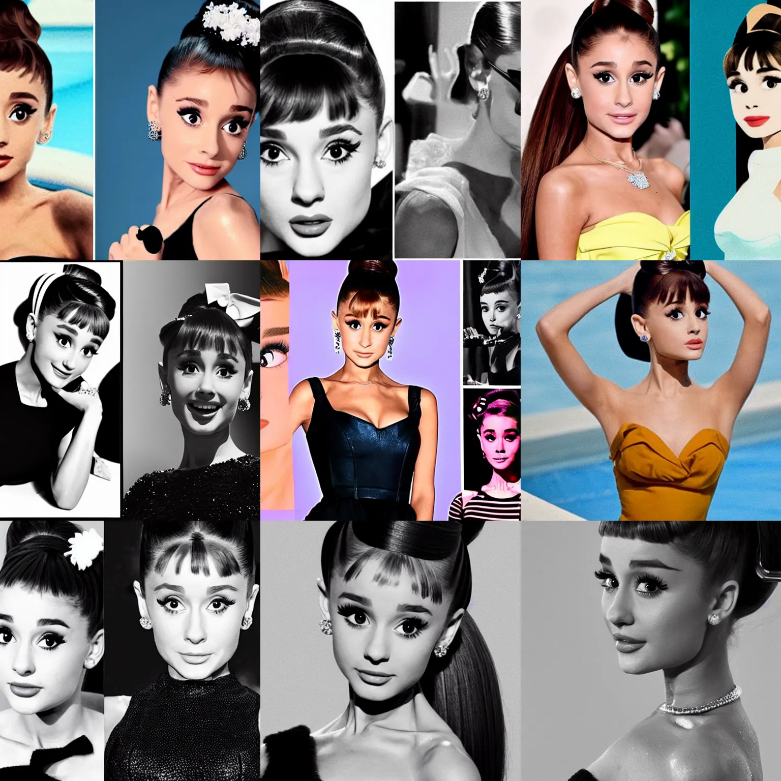 Prompt: ariana grande as audrey hepburn, ariana grande starring in audrey hepburn biopic, movie photo, swim pool scene, new movie