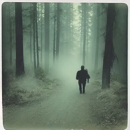 Image similar to old polaroid photo of a zombie walking in forest, mysterious, fog,