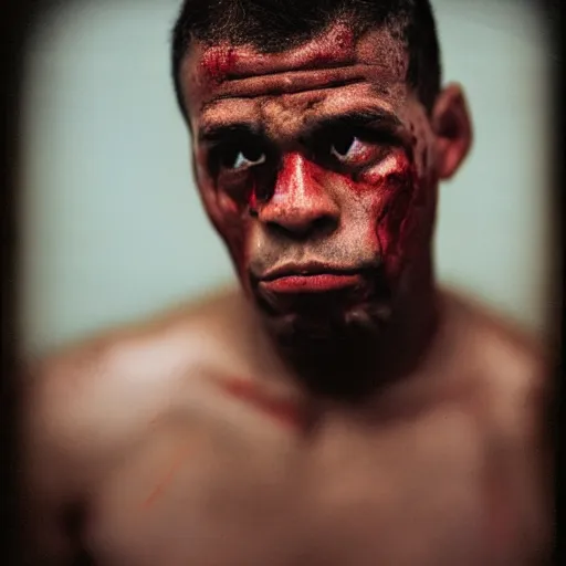 Image similar to close up portrait of boxer after boxing with brews blood sweating, photography photojournalism, very grainy image, 80mm lens, polaroid, very sharp