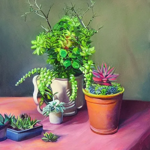 Image similar to painting by Tony Sart of a beautiful blonde woman with shoulder length hair in a forest green dress putting colorful succulents into rainbow pots at a square table