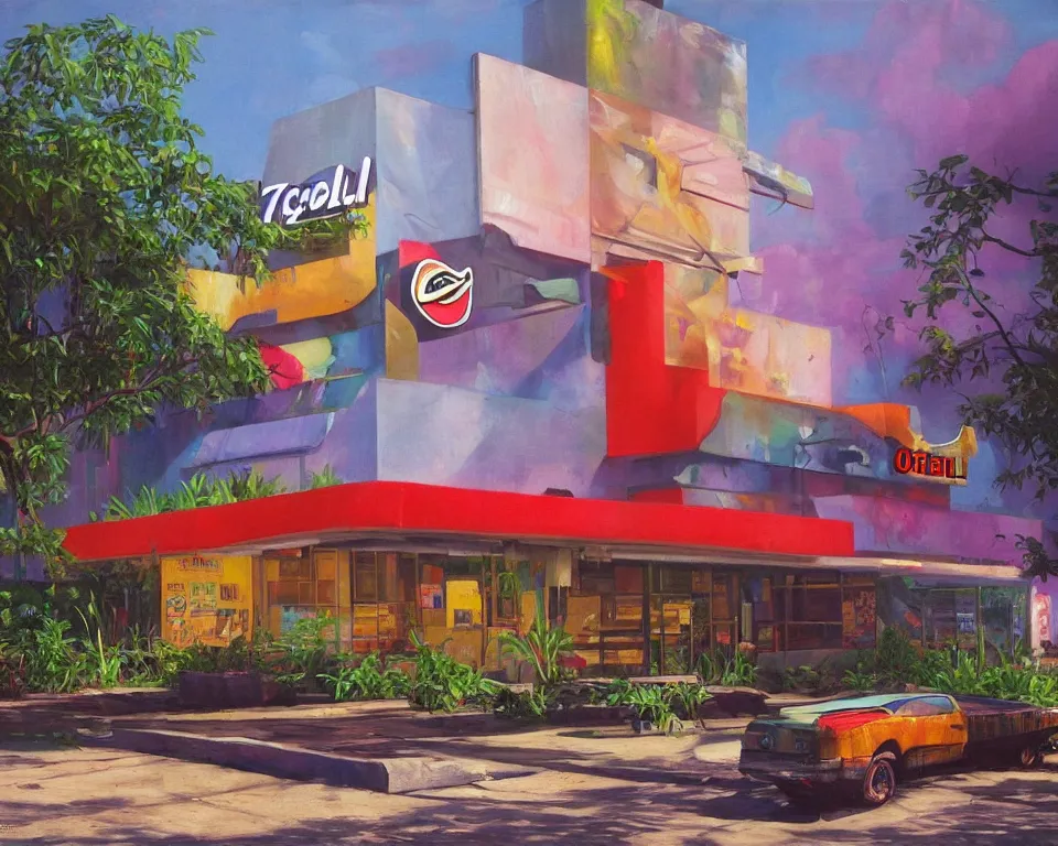 Prompt: an achingly beautiful oil painting of a derelict Taco Bell standing alone in the center of a vibrant futuristic jungle city by Raphael and Hopper.