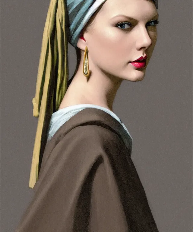 Image similar to Taylor Swift as the girl with the pearl earring, highly detailed, digital painting, artstation, concept art, smooth, sharp focus, illustration, ArtStation, art by artgerm and greg rutkowski and alphonse mucha and J. C. Leyendecker and Edmund Blair Leighton and Katsuhiro Otomo and Geof Darrow and Phil hale and Ashley wood and Ilya repin and Charlie Bowater