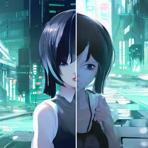 Image similar to Frequency indie album cover, luxury advertisement, white and green colors. highly detailed post-cyberpunk sci-fi close-up schoolgirl in asian city in style of cytus and deemo, mysterious vibes, by Ilya Kuvshinov, by Greg Tocchini, nier:automata, set in half-life 2, beautiful with eerie vibes, very inspirational, very stylish, with gradients, surrealistic, postapocalyptic vibes, depth of filed, mist, rich cinematic atmosphere, perfect digital art, mystical journey in strange world, beautiful dramatic dark moody tones and studio lighting, shadows, bastion game, arthouse