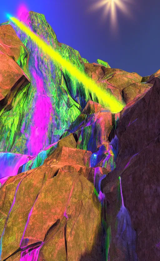 Image similar to looking up to a large rock mountain with a water fall flowing down from the top, the sun is behind it, neon colors, # 8 k, concept art, ultra detailed, photo, award winning