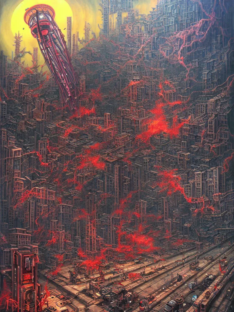 Image similar to realistic detailed image of Horror Machine Consuming A city by Hou Yimin, Dan Howard, Allan Houser, Alice Hunt and Peter Hurd, Neo-Pagan, rich deep colors. Painting by Byun Shi Ji and Jiang Feng masterpiece