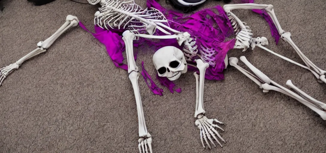 Image similar to the skeleton lies on the ground in front of the computer, magenta and blue