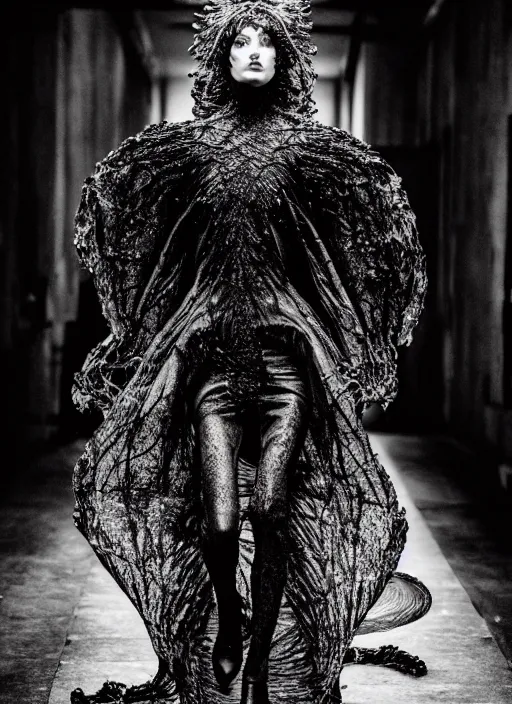 Prompt: walking down the catwalk, steven klein, show, stage, vogue photo, podium, fashion show photo, historical baroque dress dark, iris van herpen, beautiful woman, full body shot, masterpiece, intricate, biopunk, predator, guyver, highly detailed