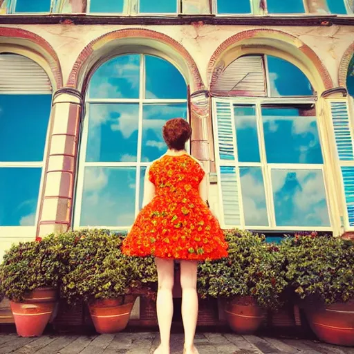 Prompt: giant flower head, full body, girl standing in hotel, surreal, symmetry, mid century, bright colours, blue sky, realistic, wes anderson