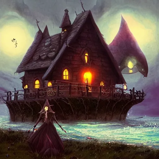 Image similar to a scary witch in front of a witch house which is made out of candy, floating on the ocean, epic scene, fantasy, cinematic, hyper - detailed, in the style of greg rutkowski