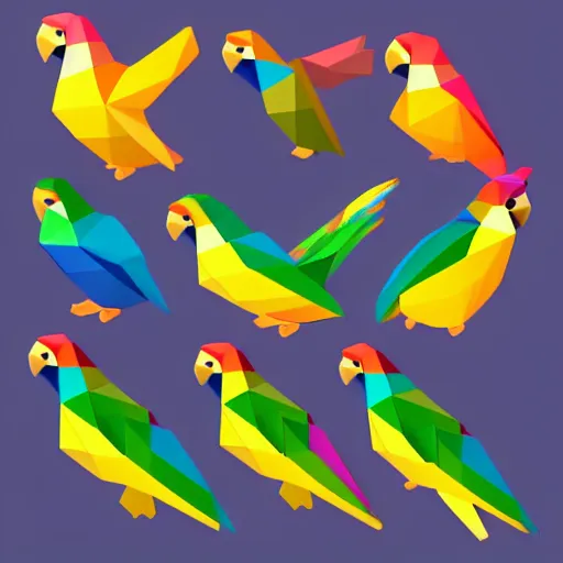 Image similar to isometric vector low poly rainbow parrot icon, white background, cgsociety, volumetric, lighting