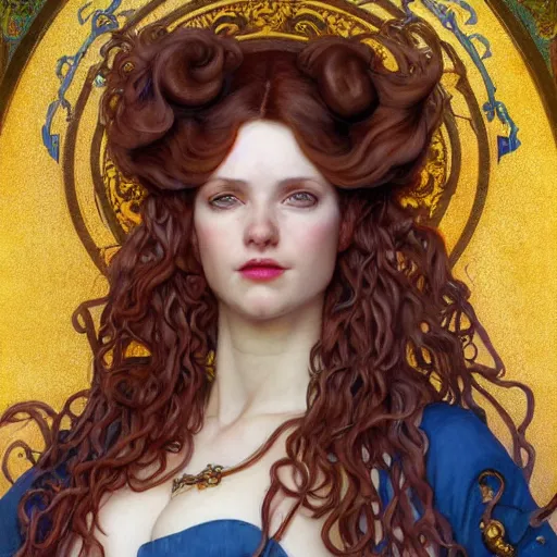 Prompt: Masterpiece head and shoulders portrait of Gwen from League of Legends of Arcane animated Series as with blue long and very curly pigteils and arcane maid outfit drawn by Donato Giancola and Tom Bagshaw, Edmund Leighton, Alphonse Mucha, background by James Jean and Gustav Klimt, 4k, porcelain skin, volumetric lighting, komorebi, french nouveau, trending on artstation, octane render, hyperrealistic