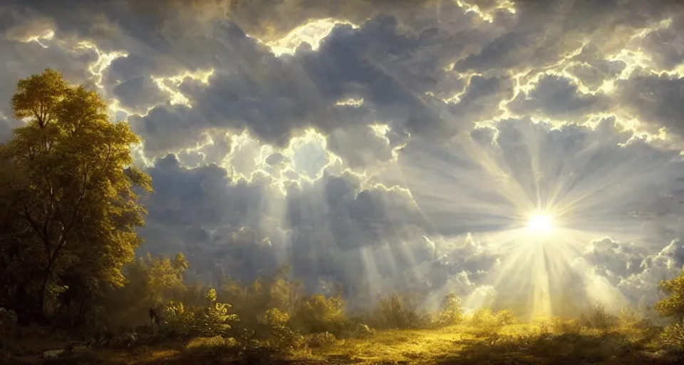 Prompt: heaven!! with angels floating on clouds!! god rays, by eugene von guerard, ivan shishkin, dramatic lighting, concept art, trending on artstation, 8 k
