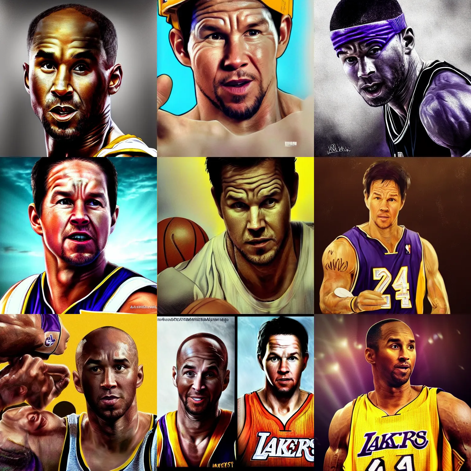 Prompt: mark wahlberg in makeup portraying kobe bryant, movie promotional image, vibrant art, trending on artstation