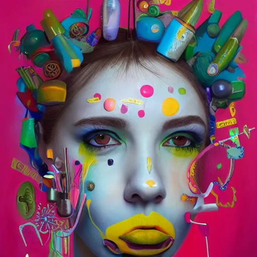 Prompt: a painting of a woman's face with many different things on her face, a surrealist painting, behance contest winner, pop surrealism, surrealist, detailed painting, poster art