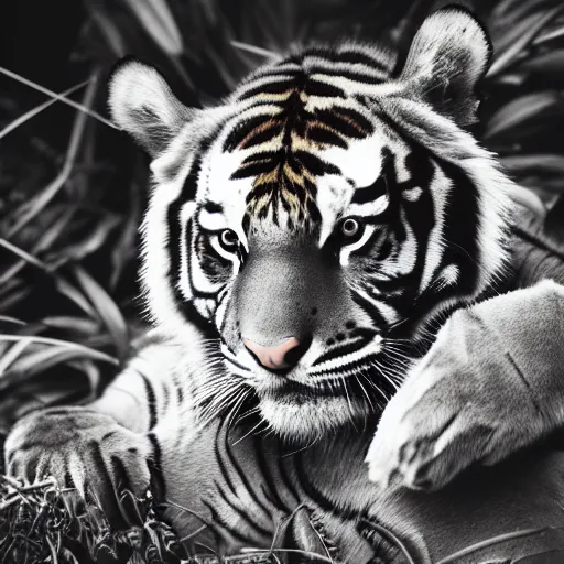 Prompt: rising silent star posing with a tiger in a garden, 1 9 2 0 s photography, trending on unsplash, black and white photography, intricately defined, complexly detailed, 4 k photorealism, golden ratio!!!!!, centered!!!!!