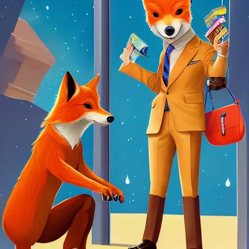 Image similar to a cute male anthropomorphic vulpes vulpes fulva teacher wearing suit working at a school, pixar style, by tristan eaton stanley artgerm and tom bagshaw.