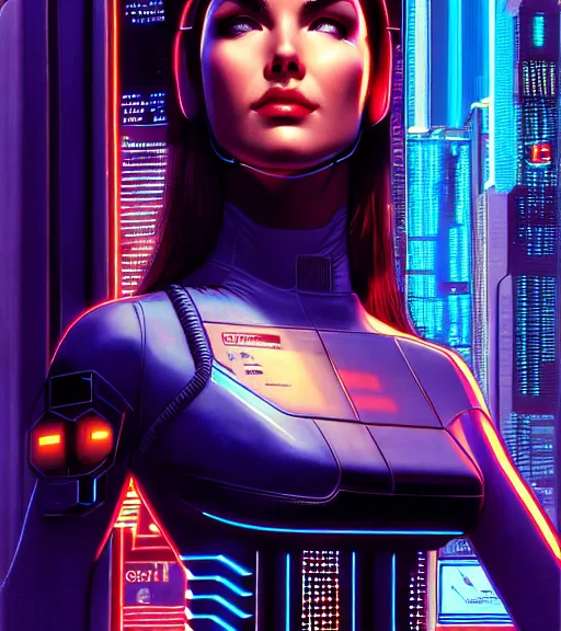 Image similar to cable plugged in, side of head, very very beautiful woman, cyberdeck computer terminal, street level night city, 1 9 7 9 omni magazine cover, style by vincent di fate, artgerm, cyberpunk 2 0 7 7, very coherent, detailed, 4 k resolution, unreal engine, daz