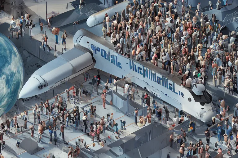 Prompt: close up view of last people on earth waiting to board the futuristic space shuttle in background, highly detailed, digital painting, artstation, concept art, smooth, sharp focus, illustration, art by mike winklemann and matt schu