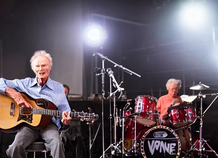 Image similar to photo still of clint eastwood on stage at vans warped tour!!!!!!!! at age 6 8 years old 6 8 years of age!!!!!!!! playing a piano on fire, 8 k, 8 5 mm f 1. 8, studio lighting, rim light, right side key light