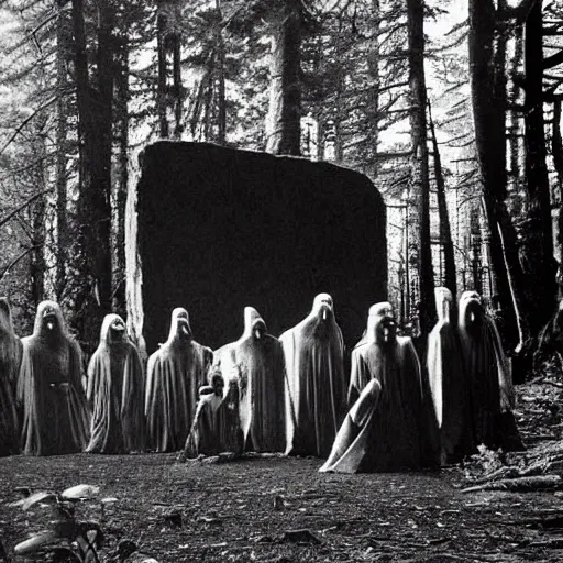 Image similar to old photograph of a cult surrounding a giant alien monolith in a haunted forest, epic composition