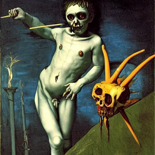 Image similar to painting by caravaggio of a drowned zombie, floating underwater, holding a trident with glowing cyan eyes, wearing ragged clothing, holding a trident, underwater, pastel green and blue color palette