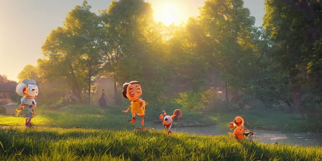 Image similar to cottagecore illustration children playing with a smiling roboton a peaceful morning, pixar and disney animation, sharp, rendered in unreal engine 5, art by greg rutkowski, bloom, dramatic lighting, sunrise