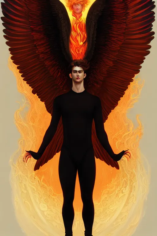 Image similar to symmetrical fullbody portrait of a beautiful young fit male angel with curly blond hairs, fulldressed in long fluent black clothes, majestic big red demonic wings, luminous fire halo, by greg rutkowski and alphonse mucha, gradient white to gold, in front of a smoky background, highly detailed portrait, digital painting, artstation, concept art, smooth, sharp focus illustration