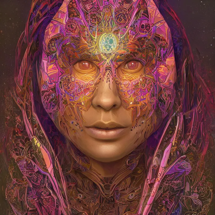 Image similar to portrait of a future metaverse ayahuasca tech shaman warrior, 2 d cartoon, visionary art, symmetric, magick symbols, holy halo, shipibo patterns, sci - fi, concept art, trending on art station, 8 k digital art, by mandy jurgens, fantasy portrait art, anime