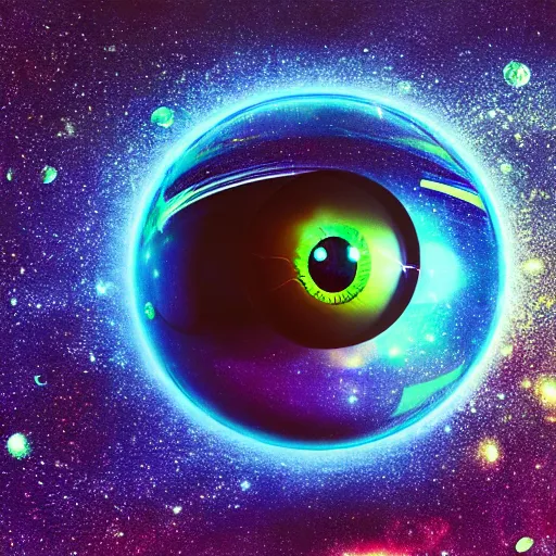 Prompt: 3d render, horror eye as spaceship , shiny glossy colors and fractals small glass sphere , floating in colorful cosmic space , perfect, detailed, digital art