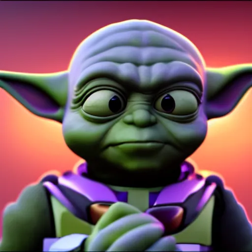 Image similar to yoda as buzz lightyear, splash art, movie still, cinematic lighting, dramatic, octane render, long lens, shallow depth of field, bokeh, anamorphic lens flare, 8 k, hyper detailed, 3 5 mm film grain