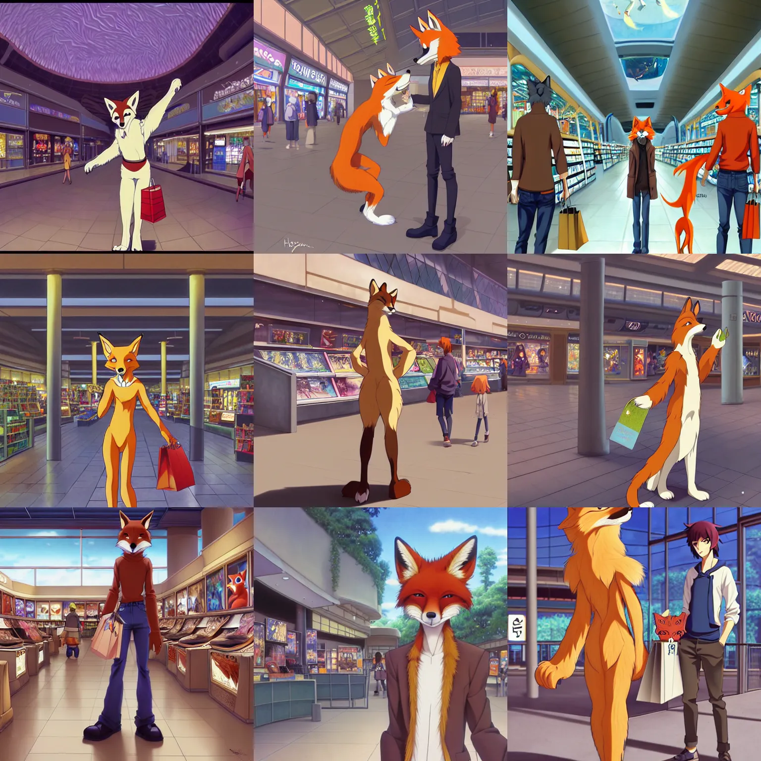 Prompt: anthro art commission of an anthropomorphic natural furry ( ( fox ) ) person shopping at a futuristic mall, photorealistic, detailed key anime art, makoto shinkai, james gurney, don bluth, disney!!!!, hibbary, dark natasha, goldenwolf, furaffinity, fursona, greg rutkowski