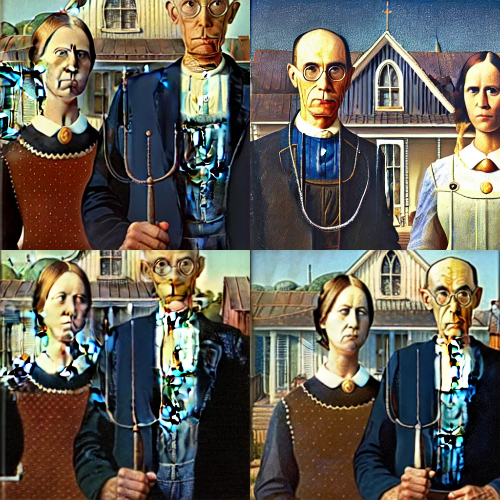 Prompt: a painting by Grant Wood of an astronaut couple, american gothic style