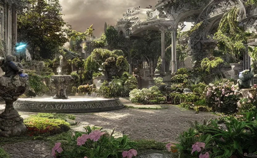 Image similar to A beautiful garden, next to a fountain and a mystical palace, hyperrealistic mixed media, stunning 3d render inspired art by P. Craig Russell and Barry Windsor-Smith + perfect facial symmetry + dim volumetric lighting, 8k octane beautifully detailed render, post-processing, extremely hyperdetailed, intricate futuristic mechanic parts, epic composition, grim yet sparkling atmosphere, cinematic lighting + masterpiece, trending on artstation