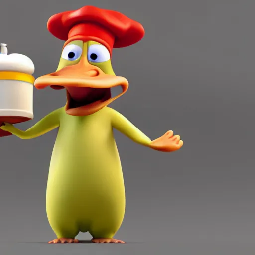 Image similar to pixar 3 d style cute platypus on a kitchen wearing a chef hat and holding a lasagna into an oven, pixar style, 3 d, ratatouille style