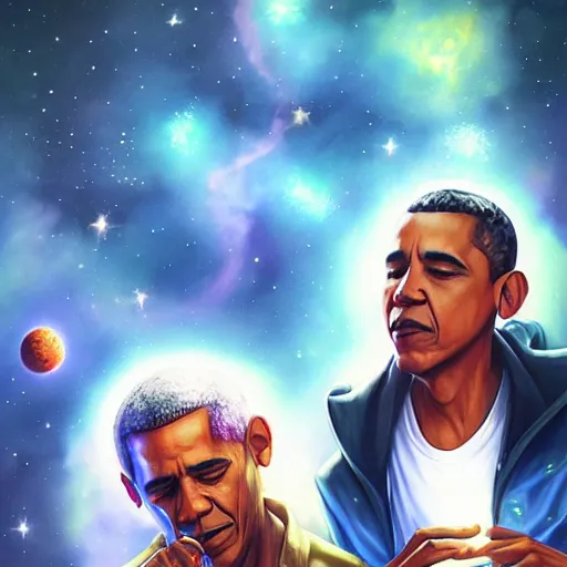 Image similar to a beautiful cosmic matte painting of obama and jay - z smoking blunts in outer space, by artgerm, trending on artstation