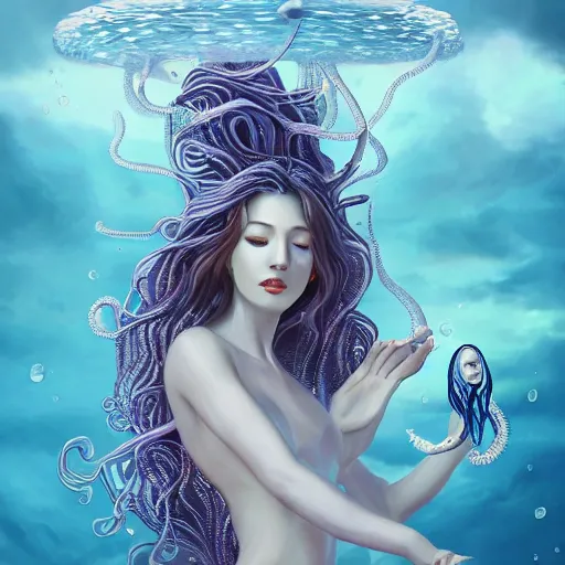 Prompt: Full body photo of the most beautiful goddess, she has a jellyfish head and a siren body, some tentacles are touching her, she flying to heaven through the cumulus clouds, she is swimming with some chrysaora hysoscella, by Tooth Wu, trending on Artstation, digital art, symmetrical artwork, cinematic, hyper realism, high detail, octane render, 4k, 8k
