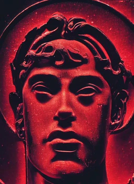 Image similar to dark design poster showing a close up of a statue of hercules, black background with very subtle red and purple design elements, powerful, nekro, vito acconci, thin straight lines, dark, glitch art, neo vaporwave, gritty, layout frame, square, extremly detailed, trending on artstation