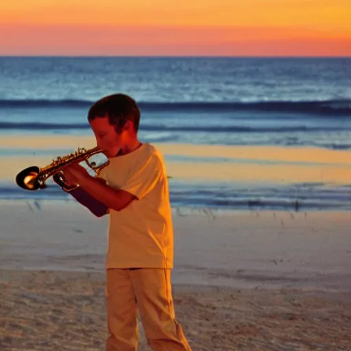 Prompt: Malcolm in the middle plays the saxophone on the beach at sunset