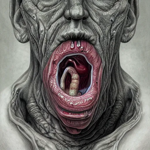 Prompt: a hyperrealistic brightly colored painting of a psychedelic nightmare, flesh, slime, by anton semenov and santiago caruso, highly detailed, vivid color,