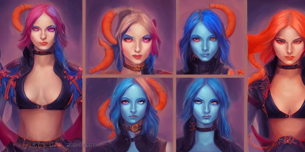 Image similar to triptych of youthful female feminine tiefling female bard with long bob cut blue hairstyle, her skin is tangerine, she has immaculate skin and pure black eyes and is wearing colorful leather armor by rossdraws,