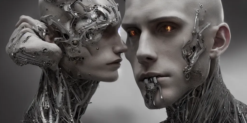 Image similar to hyper realistic photography of a stunningly beautiful cyborg male, intimately holding close, prometheus, in the style of beth cavener, jin kagetsu, and wlop, highly detailed, intricate filigree, symmetry, masterpiece, award winning, sharp focus, concept art, highkey lighting, ambient lighting, octane render, 8 k, artstation