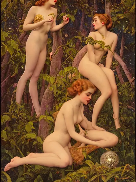 Image similar to Kiernan shipka as the three graces, a beautiful art nouveau portrait by Gil Elvgren and Gerald Brom and Alberto Vargas and Bill Henson, Moonlit forest environment, centered composition, defined features, golden ratio, golden jewelry