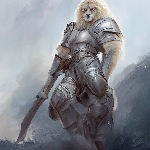 Image similar to a beautiful award winning commission of an anthro albino lion dressed in knight armour,digital art,art by greg rutkowski,character design by charles bowater,ross tran,photorealistic,highly detailed,detailed face,4k,dramatic,deviantart,artstation