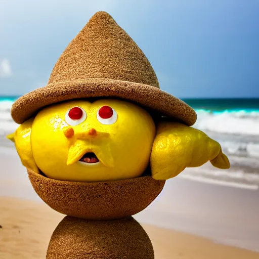 Image similar to 5 0 mm photograph, of a real anthropomorphic lemon character, with lemon skin texture, it is wearing a hat and scuba diving, building a sandcastle on the beach at sunset, beach, huge waves, sun, clouds, tropical trees, rim light, cinematic photography, professional, sand, sandcastle, volumetric lightening